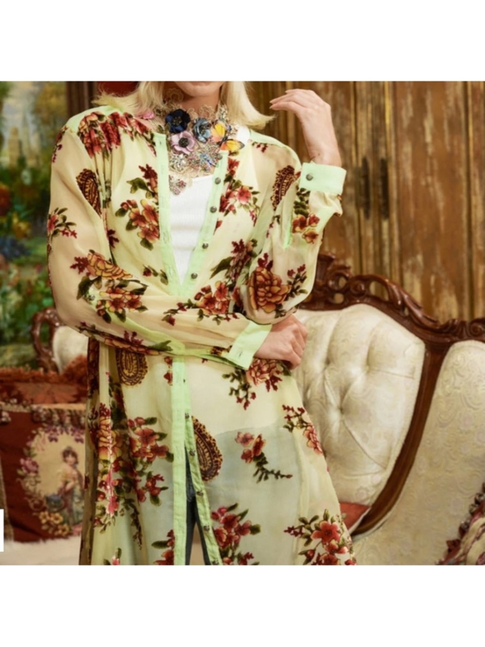 Aratta Sheer Floral Tunic in Cream, Red and Light Green